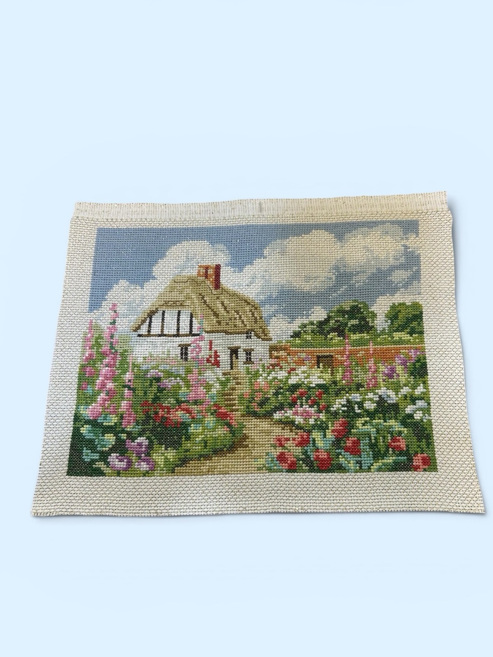 Vintage Thatched Cottage Needlework English Garden Unframed Clothing Picture